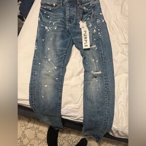 PURPLE Distressed Paint-Splatter Denim Jeans - Blue